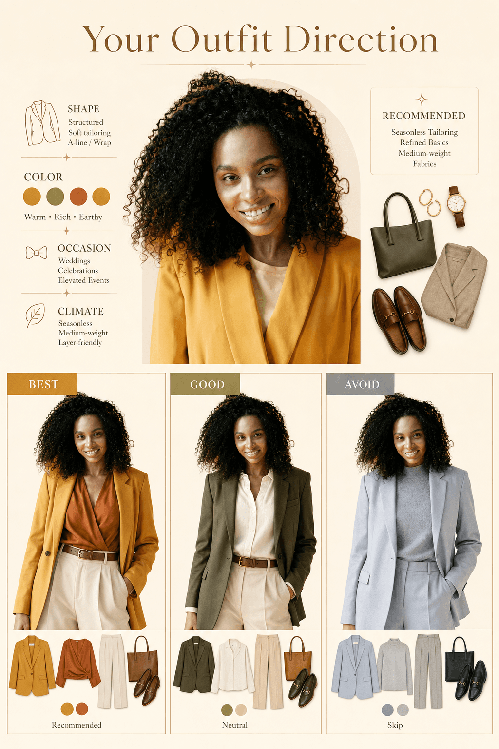 Sample StyleCard AI outfit direction card with recommended silhouettes, colors, and occasion guidance